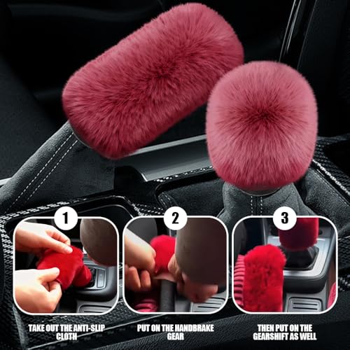 2PCS Plush Car Gear Shift Knob Cover & Handbrake Cover, Shift Knob Protector, Soft Fluffy Gear Handbrake Protective Sleeves, Shifter Lever Brake Handle Warm Plush Set for Cars (Wine Red) - color: Wine Red