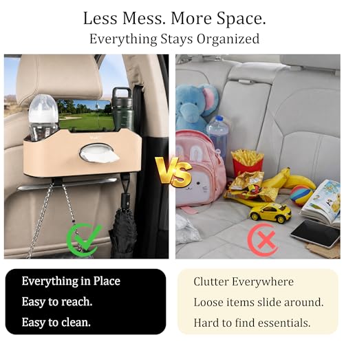 Mu&Ti Back Seat Car Organizer,4+2 in 1 Multifunctional Car Back Seat Storage Box with 2 Cup Holders, Tissue Box and Hook - Ideal for Kids and Travel(Beige) - style: Car Storage Box（beige）