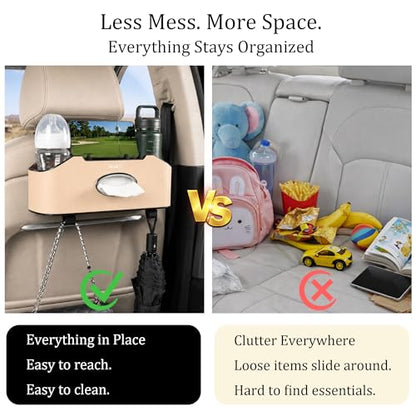 Mu&Ti Back Seat Car Organizer,4+2 in 1 Multifunctional Car Back Seat Storage Box with 2 Cup Holders, Tissue Box and Hook - Ideal for Kids and Travel(Beige) - style: Car Storage Box（beige）