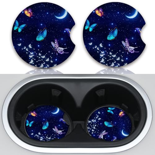 2pcs Blue Butterfly Cup Coaster for Car SUVs Trucks, Rubber Car Coasters with A Finger Groove, Car Cup Holder Coasters Interior Accessories - color: Blue Butterfly