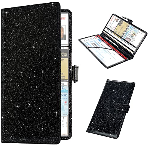 Car Registration and Insurance Holder, Vehicle Glove Box Organizer Cool Car Accessories, Auto Truck Document Holder for Cards, Driver License, Black Glitter