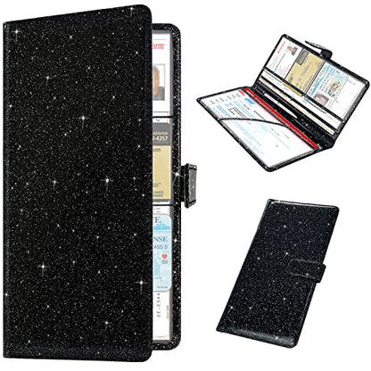 Car Registration and Insurance Holder, Vehicle Glove Box Organizer Cool Car Accessories, Auto Truck Document Holder for Cards, Driver License, Black Glitter