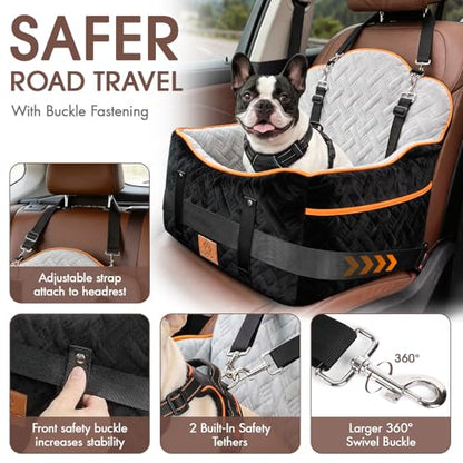 Dog Car Seats for Small Medium Dogs up to 35 lbs – Dog Booster Car Seat with 5.3-Inch Memory Foam, Dual Safety Leashes, Detachable Washable Cover & Storage Pockets, Soft Travel Dogs Bed (Black)