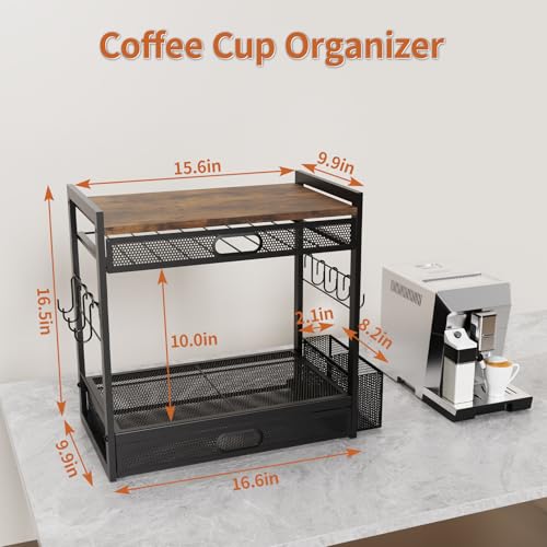 Coffee Bar Organizer Station with CoffeePod Drawer Mug Cup Holder and Tea Condiment Storage for Countertop Organizer CoffeeBar Accessories for Kitchen,Home,Office