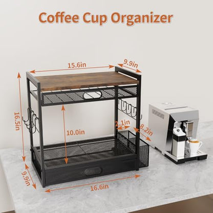 Coffee Bar Organizer Station with CoffeePod Drawer Mug Cup Holder and Tea Condiment Storage for Countertop Organizer CoffeeBar Accessories for Kitchen,Home,Office