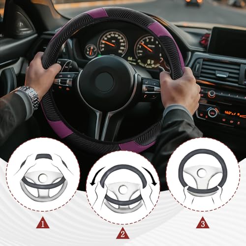 Car Steering Wheel Cover, Steering Wheel Protector, Universal 14.5-15 Inch Microfiber Leather Breathable Auto Steering Wheel Covers, Carbon Fiber Steering Wheel Cover for Women Men (Purple) - color: Purple
