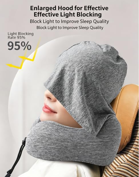 Portable Travel Neck Pillow with Hood and Storage Case, Memory Foam Airplane Pillow for Long Flights, Adjustable Chin Support & Removable Washable Cover for Car, Office, Train, Gift for Men and Women