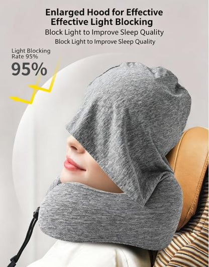 Portable Travel Neck Pillow with Hood and Storage Case, Memory Foam Airplane Pillow for Long Flights, Adjustable Chin Support & Removable Washable Cover for Car, Office, Train, Gift for Men and Women