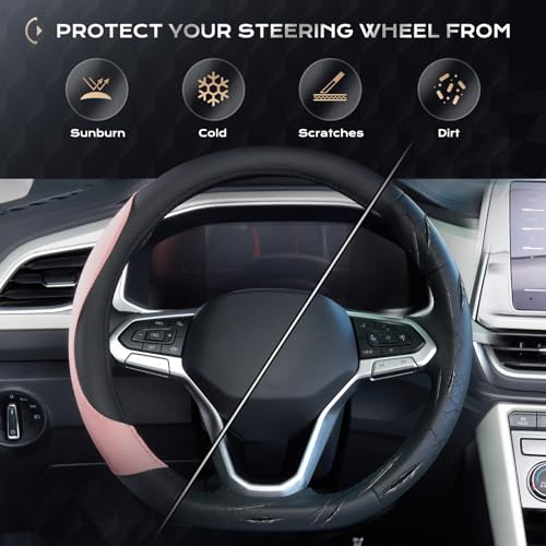 Coverado Car Steering Wheel Cover, Nappa Leather Black & Pink Steering Wheel Covers for Women, Universal 14-15 inch, Anti-Slip, Breathable Steering Wheel Protector - color: B-BlackPink