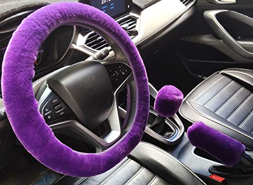 3Pcs/Set Fashion Faux Wool Fur Furry Steering Wheel Cover,Short Hair Soft Fluffy Handbrake Cover,Gear Shift Cover,Universal Thickening Fuzzy Warm Non-Slip Auto Interior (Manual,Purple) - color: purple, size: Manual