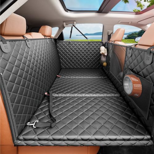 REEVAA 2.0 Hard Bottom Back Seat Extender for Heavy-Duty Dogs, Dog Car Seat Cover with Cushion Sponge, Waterproof Dog Hammock with Mesh Window for Car, Universal Fits for SUV/Small Truck, L, Black - size: L - SUVS,Mudium Trucks