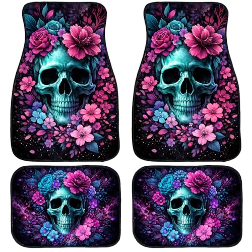 Skull Car Floor Mats Set of 4 Floral Gothic Dark Bloom Art Carpet Front Rear Carpets Mat Decorative Car Floor Carpets Non-Slip Auto Car Accessories Universal Fit for Car SUV Truck Van - color: Skull