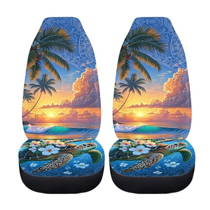 Dreaweet Tropical Themed Car Seat Covers Front Seats Only Universal 2 Piece Beach Sunset Turtle Print High Back Bucket Seat Covers for SUV Trucks Washable & Easy to Install - color: Beach Sunset Turtle