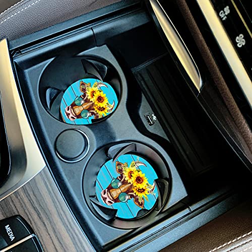 Car Coasters Pack of 2, Fun Sunflower Cow Design Absorb Condensation for Protect The Car Cup Holder and Keep Your car Clean, Small 2.56" Diameter, Easy Removal of Auto Cupholder（Blue Cow） - color: Blue Cow