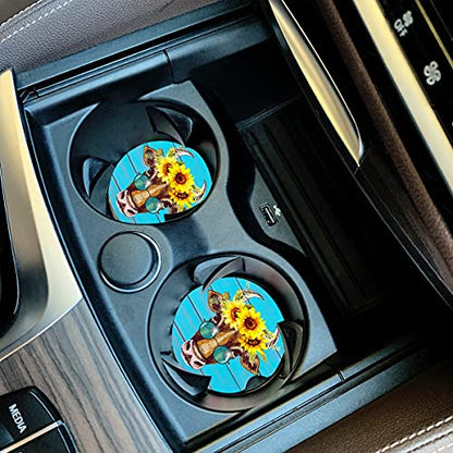 Car Coasters Pack of 2, Fun Sunflower Cow Design Absorb Condensation for Protect The Car Cup Holder and Keep Your car Clean, Small 2.56" Diameter, Easy Removal of Auto Cupholder（Blue Cow） - color: Blue Cow