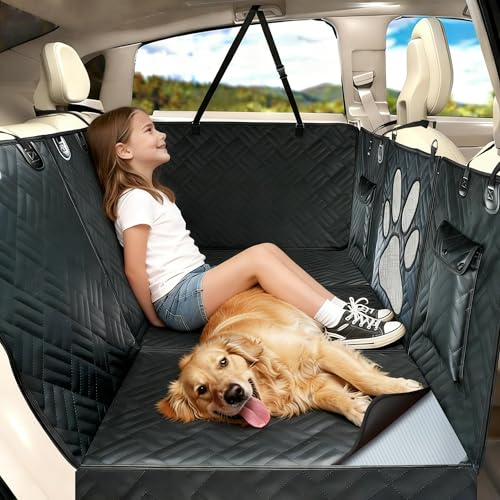 RYVON Dog Car Seat Cover for Back seat Waterproof Dog Hammock with Mesh Window Dog Car Seat Cover Hard Bottom Holds 440lbs Folds to accommodate Passenger
