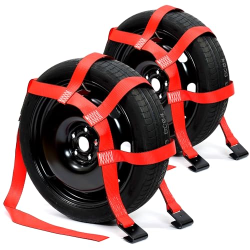 Tow Dolly Basket Straps with Flat Hook, 2 Pack Tow Dolly Straps, Fits 14"-17" Tires Wheels, Breaking Strength 10000 lbs, 2" Over Wheel Car Basket Tie Down Strap with Carrying Bag, Red - color: Red