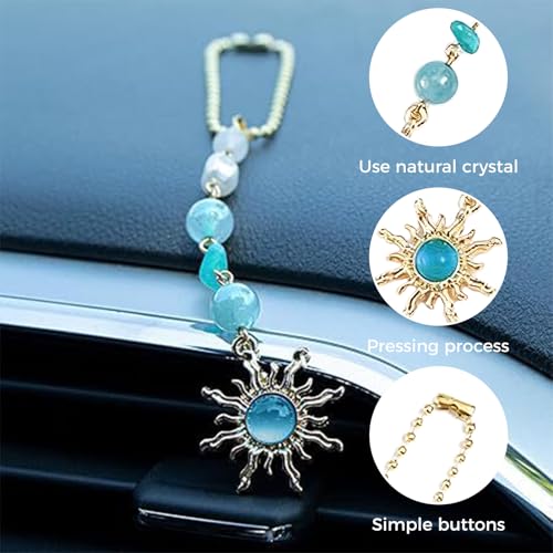 Boho Sun Rearview Mirror Charm, Evil Eye Hanging Car Charm for Rear View Mirror, Crystal Hanging Accessories 7 Inch Alloy Car Ornament for Women Men Unisex Gift of Joy & Protection,Green