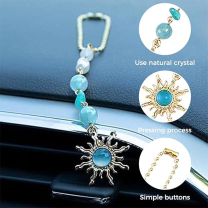 Boho Sun Rearview Mirror Charm, Evil Eye Hanging Car Charm for Rear View Mirror, Crystal Hanging Accessories 7 Inch Alloy Car Ornament for Women Men Unisex Gift of Joy & Protection,Green