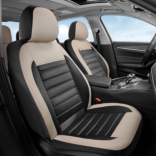 Coverado Car Seat Covers Front Seats, Luxury Leather Car Seat Covers, Automotive Mesh Seat Covers 2 Pack, Airbag-Compatible, Black Beige Seat Covers for SUV Sedan Truck