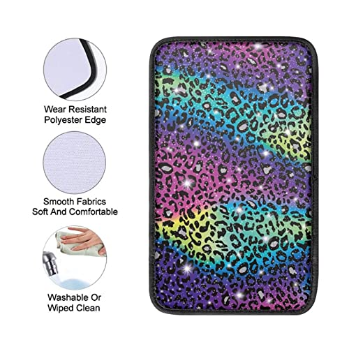 UNICEU Glitter Rainbow Leopard Car Accessories Center Console Armrest Cushion Cover Universal for Most Cars, Trucks SUV Neoprene Auto Armrest Protector Cover - color: Glitter Rainbow Leopard
