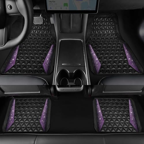 CAR PASS Bling Rubber Car Mats Diamond Floor Mats Full Set Anti-Slip 3D Rhombus Waterproof Universal Trim to Fit Liner Glitter Crystal Sparkly Shining Rhinestone Girl Women SUV Sedan Van, Black Purple - color: Purple Diamond