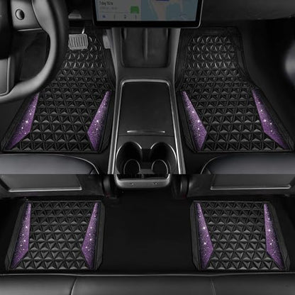 CAR PASS Bling Rubber Car Mats Diamond Floor Mats Full Set Anti-Slip 3D Rhombus Waterproof Universal Trim to Fit Liner Glitter Crystal Sparkly Shining Rhinestone Girl Women SUV Sedan Van, Black Purple - color: Purple Diamond