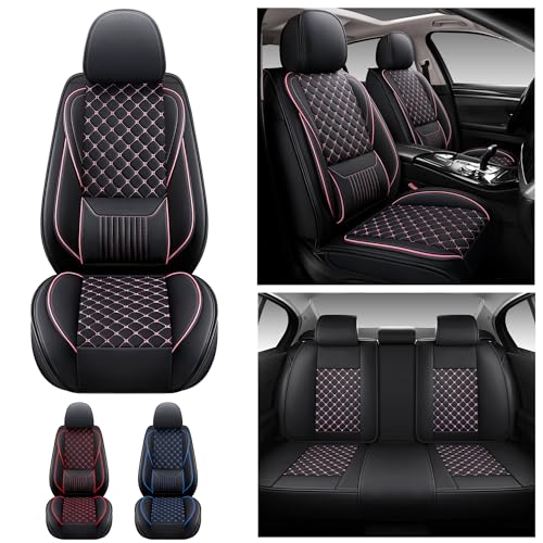 Leather Car Seat Covers,Full Coverage Seat Covers Full Set with Fix Lumber Support,Universal Automotive Seat Covers for Cars,SUVs,Trucks and Sedans (Black&Pink, Full Set) - color: Black&Pink