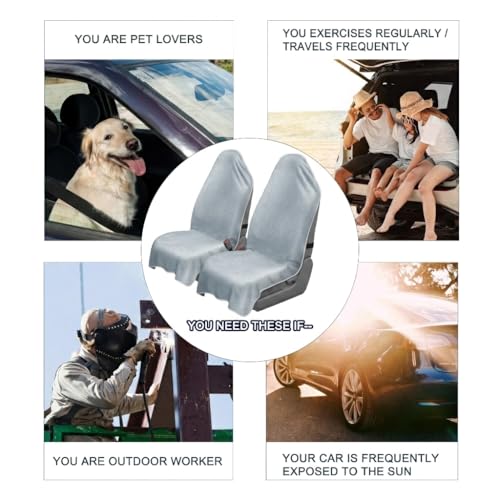 Car Seat Towel Cover, 2pcs Universal Front Seat Protector for Cars, SUVs and Trucks, Sweat Towel Car Seat Cover for Gym, Yoga, Swimming, Pets and Family Travel, Light Gray