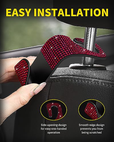 4 Pack Blink Diamond Car Seat Headrest Hooks Crystal Rhinestone Car Purse Holder Universal Interior Accessories for Handbags, Water Bottles, Coats, Umbrellas, Red - color: Red