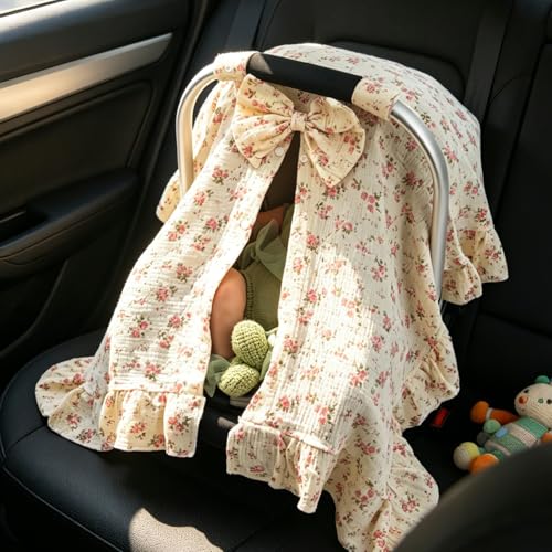 Muslin Baby Car Seat Cover, Handmade Infant Car Seat Cover with Cute Bow & Ruffle Hem Design, Multi-Use Carseat Canopy for Privacy Nursing, Summer Baby Carrier Cover Stroller Sun Protector - color: Flower