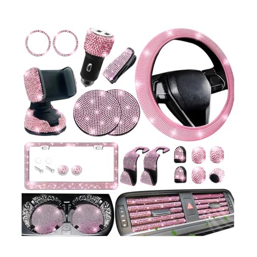 27PCS Bling Car Accessories Set for Women, 14.5-15" Crystal Rhinstone Steering Wheel Cover, License Plate Frame, USB Charger Phone Holder, Girly Auto Interior Decor Set, Universal Fit (Pink) - color: Pink