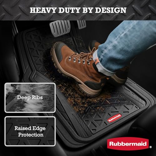 Rubbermaid Car Floor Mats Full Set, Premium Heavy Duty All-Weather Car Mats– Rugged Rubber with Brushed Aluminum Inserts, Universal Trim-to-Fit, Anti-Slip Backing for Cars, SUVs, Trucks & Vans - Black - color: Black