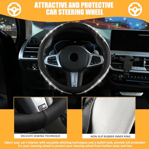 Black Steering Wheel Cover，with Bling Crystal Rhinestone, Delicate and Anti-Slip Sparkly Sedan Steering Wheel Cover ，Adaptable to 14.5-15 inches Steering Wheel, LPFS1