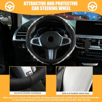 Black Steering Wheel Cover，with Bling Crystal Rhinestone, Delicate and Anti-Slip Sparkly Sedan Steering Wheel Cover ，Adaptable to 14.5-15 inches Steering Wheel, LPFS1