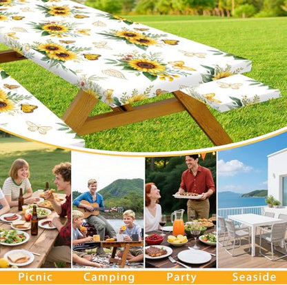 Sunflowers Table Cover with Bench Covers Waterproof Windproof Elastic Fitted Outdoor Camping RV Tablecloths with Drawstring Bag Reusable Rectangle Rectangle Tables and Seats Cover 30X96IN - color: Yellow, size: 30" x 96" (Rectangular)