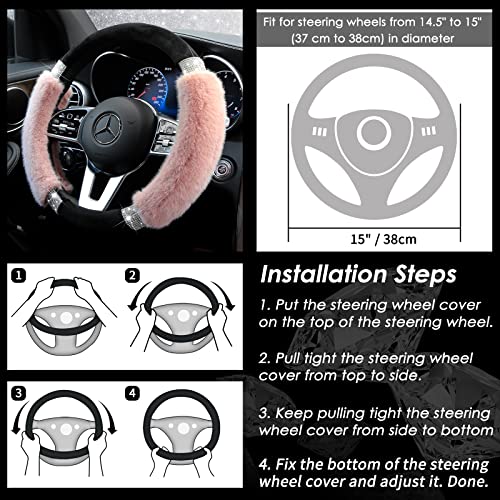 Achiou Rhinestone Fluffy Steering Wheel Cover - Comfortable Non-Slip Luxury Faux Wool, Universal Fit for 14.5" to 15" Steering Wheels - color: Black and Pink