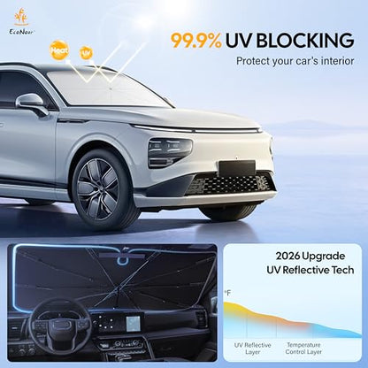 Econour Windshields Sun Shade Umbrella for Car | Medium Foldable Car Sunshade | UV & Heat Protection Front Window Sun Shield, Keeps Interior Cool, Fits Sedans SUVs & Trucks (57” x 33”)