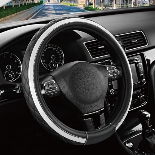 Road Comforts Leather Steering Wheel Cover – Black & Silver, Universal Fit 14.5-15 Inch, Microfiber Leather, Anti-Slip & Breathable Design for Men and Women - color: Silver