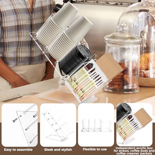 Acrylic Cup and Lid Holder, Adjustable Holder Organizer Disposable Cup Dispenser Stand with Coffee Pod, Creamer Straw Organizer Countertop for Coffee Bar Station Bakery Breakroom - size: With Box