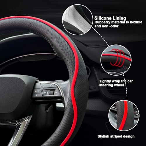 HAOTULE Leather Steering Wheel Cover， with Anti-Slip Stripe Design - Enhanced Grip, Fashion Style, Safe, Non-Slip, Breathable. Upgrade car Interior，Black red - color: Black red