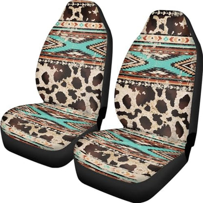 Car Seat Covers Front Seats Only for Women Men Auto Seat Covers Set of 2 Pack Bucket Cover for Cars SUV Truck Sedan, Easy to Install（Aztec Ethnic Cow Leopard Print 83） - color: Aztec Ethnic Cow Print 83