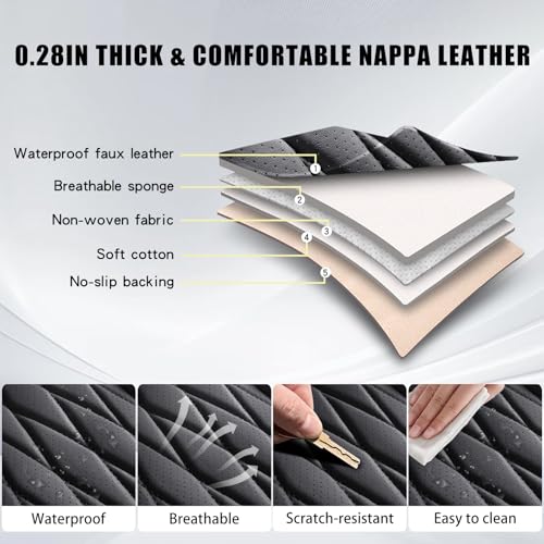WELLDO Nappa Faux Leather Car Seat Covers Full Set, Waterproof Non-Slip Seat Protector, 0.28in Thickened Cushion, Airbag Compatible Universal Seat Covers for Cars SUV Truck Pickup, Black