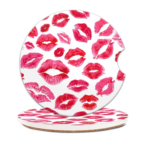 COYEUX Absorbent Car Cup Holder Coaster 2 Pack, Funny Car Accessories Interior, 2.56" Cute Car Coasters with a Finger Notch for Women & Men Red Romantic Lips - color: Red Romantic Lips