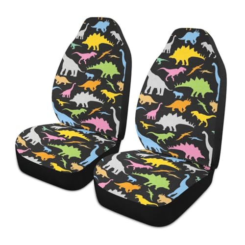 2 PCS Cartoon Dinosaur Car Seat Covers Colorful Dinosaur Silhouettes Doodles Illustration Cute Animal Print Vehicle Seat Protector Cushion Cover Universal Car Accessories for Truck Sedan - color: Green Blue Pink