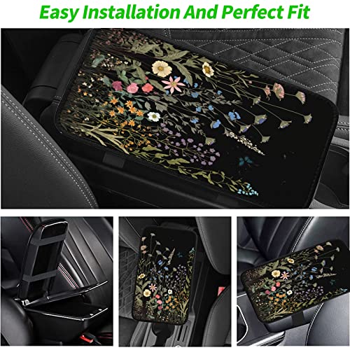 Car Armrest Cover Pads Universal Fashion Cute Auto Center Console Armrest Cover Pad with 2PCS Car Coasters Soft Waterproof Car Armrest Seat Protector for Women Girls, Wildflowers
