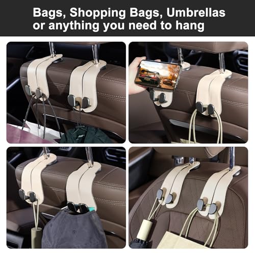 CoBak Headrest Hooks for Car - Universal Premium Stitched Leather and Aluminum-Magnesium Alloy Double Car Seat Back Storage Hook for Purses, Handbags, Bags (2 Pack),Beige