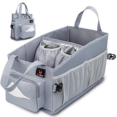 Easy-to-Reach Kids Car Organizer with Tissue Box and Cup Holder for Back Seat, Front Seat, Between Seats, Floor - Tote Car Storage Organization for Toddlers - Kids Road Trip Travel Essentials (Grey) - color: Grey