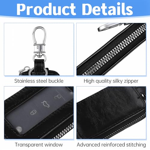 Car Key Case, Universal Leather Key Fob Holder with Metal Hook & Window for Cars Keychain, Remote Keys Fobs