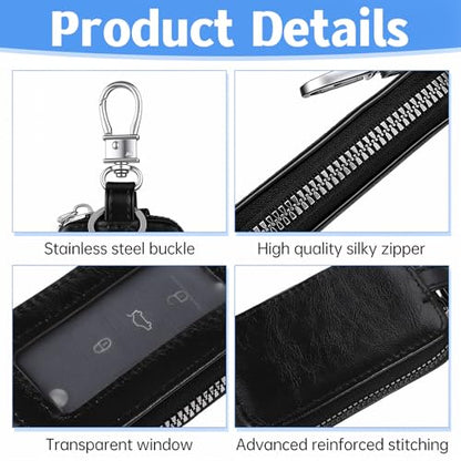 Car Key Case, Universal Leather Key Fob Holder with Metal Hook & Window for Cars Keychain, Remote Keys Fobs
